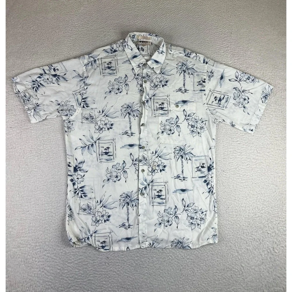 Campia Moda Mens Medium White Floral Hawaiian Rayon Button Up Shirt Short Sleeve